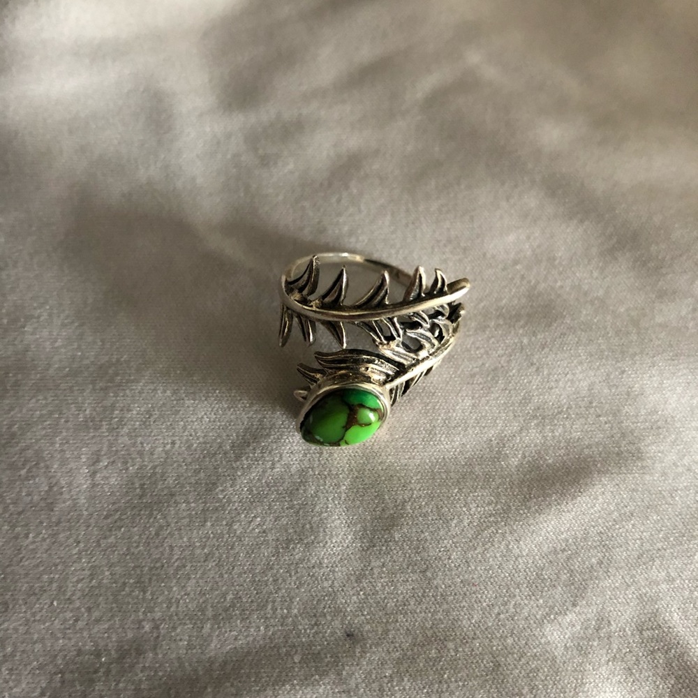 Green Turquoise Silver Leaf Ring - image 3